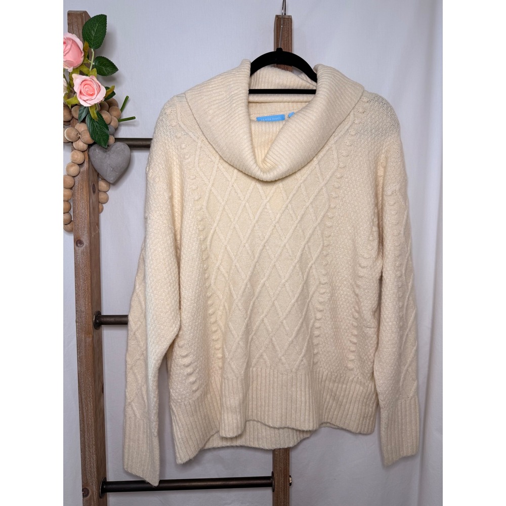 Draper James Ivory Cable Knit Cowl Neck Sweater Wool Blend Cream Womens Large - Picture 2 of 9